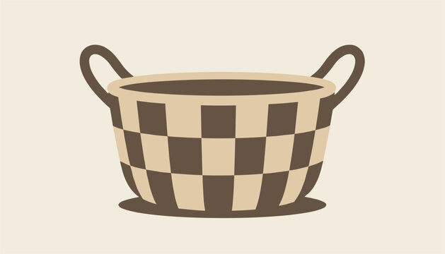 Classic brown and tan checkered woven basket with two handles placed against a plain light background in a simple flat design style.