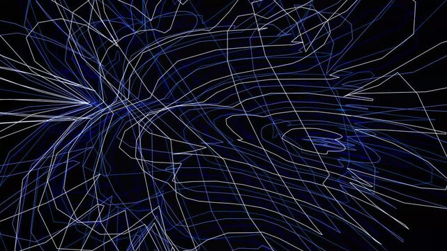 Neon blue and white abstract wireframe network lines on solid dark black backdrop texture
