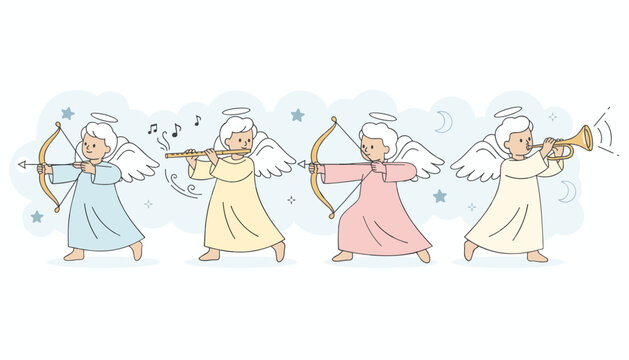Group of four cute little angels with wings playing musical instruments and shooting arrows among stars and clouds.