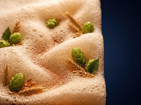 Closeup beer foam topographic landscape with hops and wheat growing in frothy bubbles for creative food background or poster