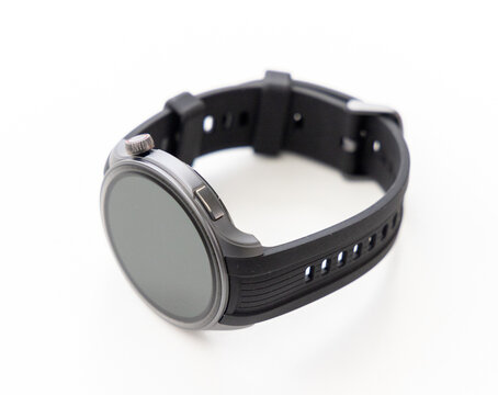 Modern Black Smartwatch with Rubber Strap on White Background Studio Shot
