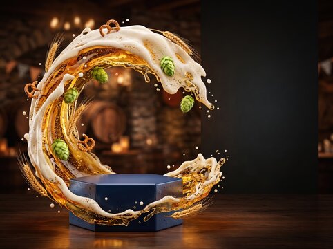 Decorative beer foam and hop wreath around blue pedestal with pretzels and barley for advertisement banner design and product display