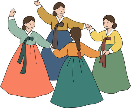 Korean Traditional Folk Dance Ganggangsullae Illustration 한복 강강술래 일러스트