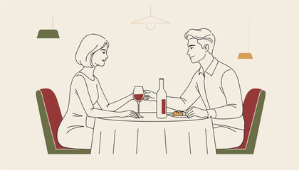 Fototapeta premium Man and woman enjoy a romantic dinner date with a bottle of wine and glasses at a table in a cozy restaurant setting.