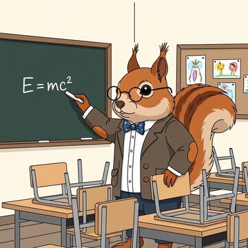 Anthropomorphic Squirrel Teacher Writing Equation on Chalkboard