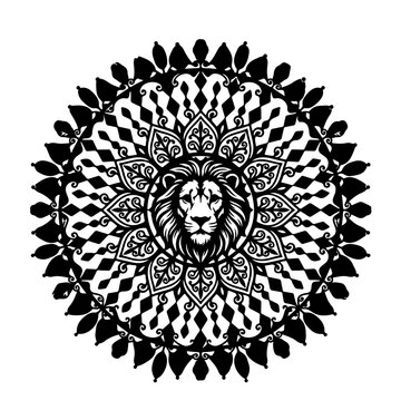 Black and white mandala graphic featuring a lion face center ornament circular