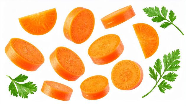 Fresh Carrot Slices with Carrot Greens Isolated on White Background.generated by AI.