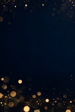 Golden bokeh lights on dark blue background for festive holiday celebration and luxury design.