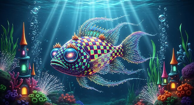 Vibrant surreal fish swimming in fantasy underwater kingdom