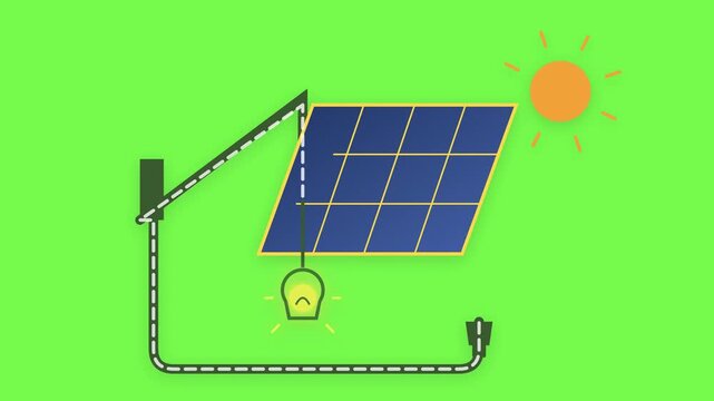 Solar panel charging a light bulb with energy flow symbols on a clean schematic