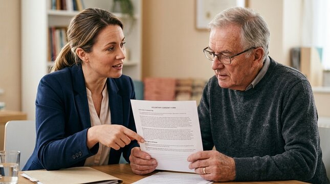Coordinator carefully explaining a consent form's withdrawal clause to a participant