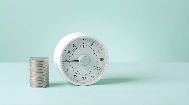 Analog timer with stack of silver coins representing time value savings investment and financial concept