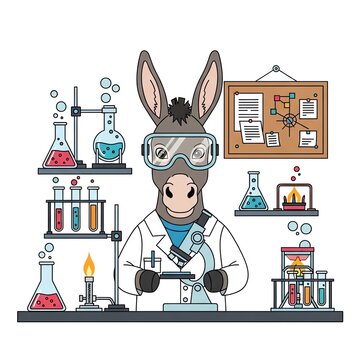 Cartoon Donkey Scientist Working in Laboratory