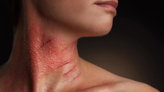 Close up of irritated red skin on a person&rsquo;s neck showing detailed skin inflammation and rash