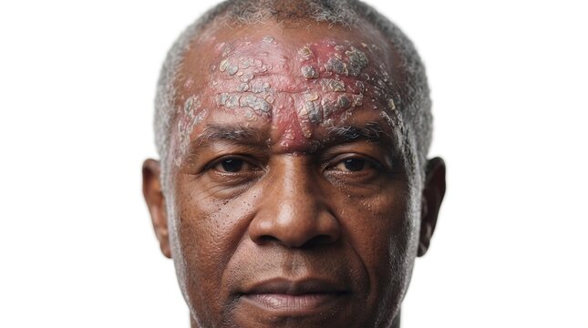 Senior African American man with severe skin plaques, actinic keratosis or discoid lupus on his forehead