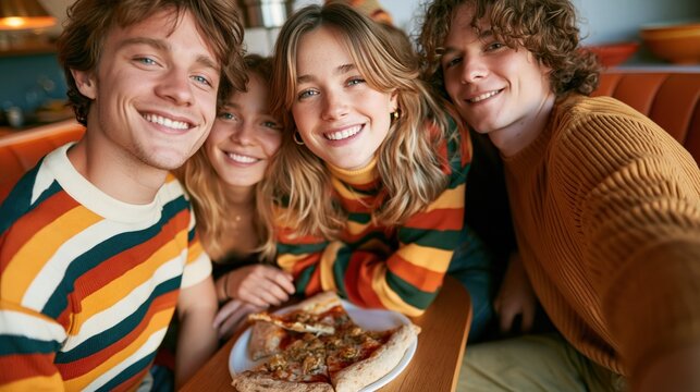 Friends eating pizza in a retro kitchen nook while smiling at the camera during a casual hangout.