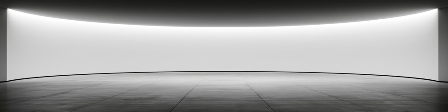 Empty studio interior with a curved white wall, pale concrete floor, and soft overhead lighting for product display, presentations, and minimalist background use.