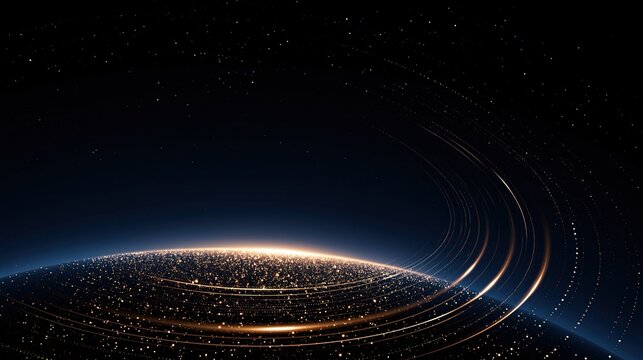 Earth glow with orbit lines and scattered stars over a dark space background with wide copy space for aerospace and technology designs.