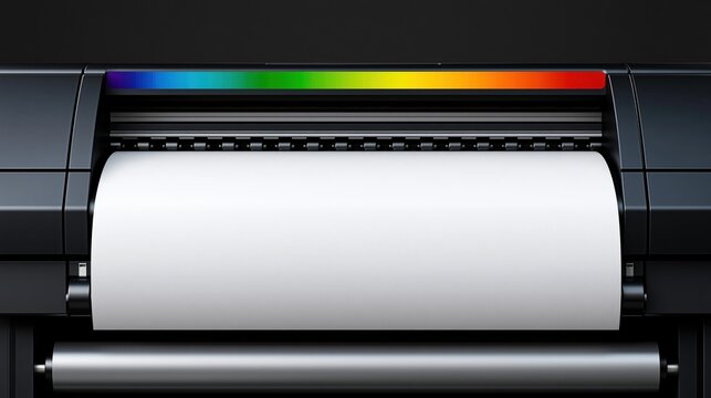 Large format printer with blank paper and CMYK color bar for printing, publishing, and banner design with copy space.