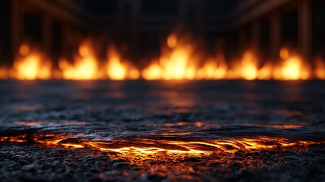 Molten metal fire background with glowing orange flames, dark steel texture, and copy space for foundry or metal industry design.