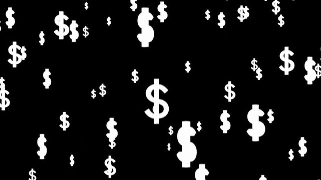 Falling white dollar currency signs loop animation black background effect