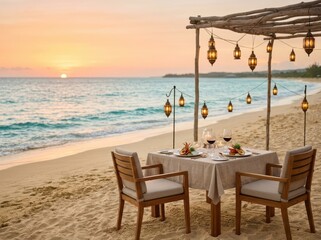 Fototapeta premium Romantic beach dinner setup at sunset with a table for two, seafood dishes, wine glasses, and hanging Moroccan lanterns under a wooden structure on white sand by the turquoise ocean.