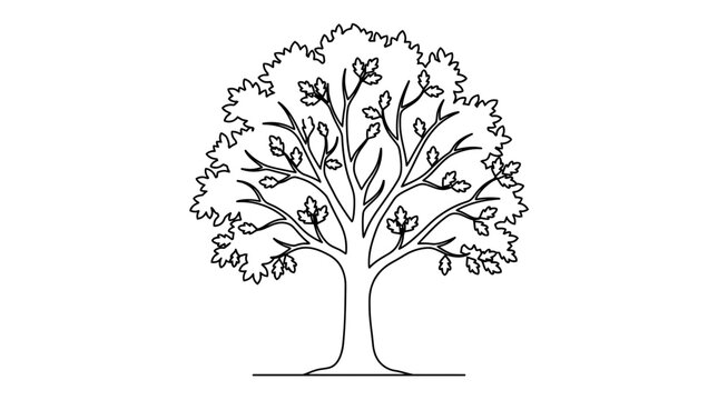 Cad tree line Minimalist continuous line tree illustration. Simple outline icon with leaves. Elegant vector sketch for design and branding with organic plant branches. vactor