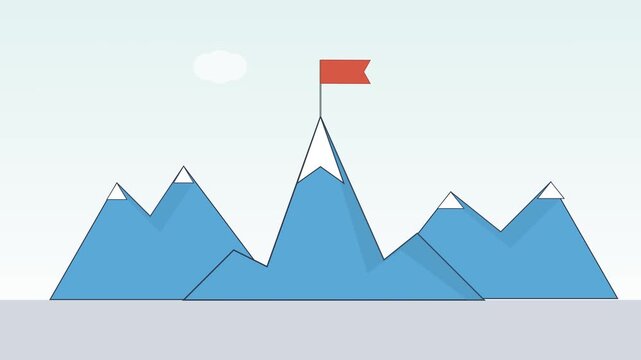 Simple blue mountain range diagram with winding paths and a red flag on the central peak