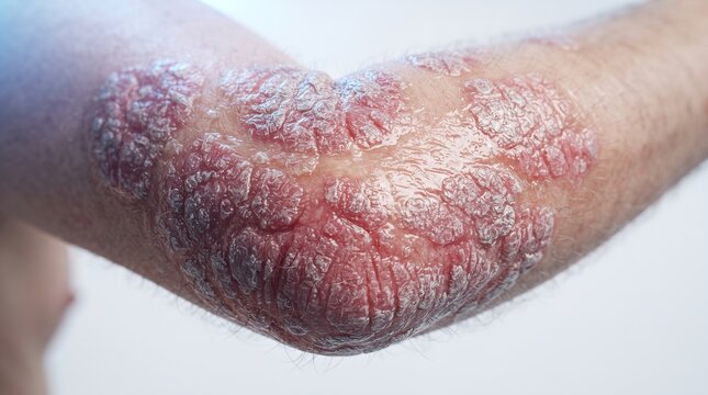 Severe plaque psoriasis with silver scaly red inflamed lesions on human elbow joint close up