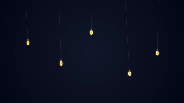 Animated background featuring scattered warm glowing bulbs hanging at different heights against a dark blue space, providing atmospheric negative space for creative presentations, inspiration
