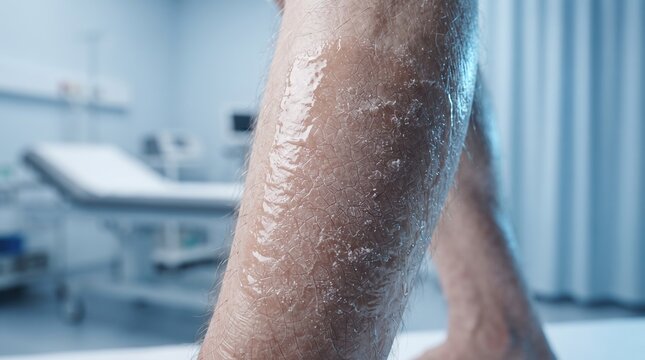 Dry cracked skin and severe xerosis cutis condition on lower leg in hospital clinical setting