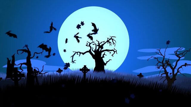Spooky graveyard cemetery with full moon and flying bats background footage