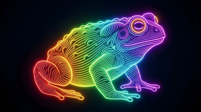 Colorful neon glowing toad amphibian digital art illustration on dark background