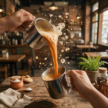 Traditional Malaysian Teh Tarik Being Poured and Pulled Mid Air in a Kopitiam Cafe