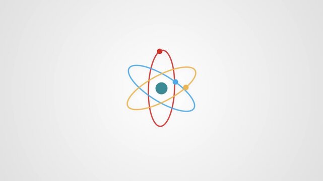Colorful atomic model featuring a central nucleus surrounded by intersecting orbital paths and subatomic particles, representing atomic structure, electron movement and fundamental matter for physics