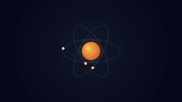 Animated atomic model featuring a luminous central nucleus with electrons traveling along intersecting orbital paths, representing atomic structure, electron motion and subatomic physics
