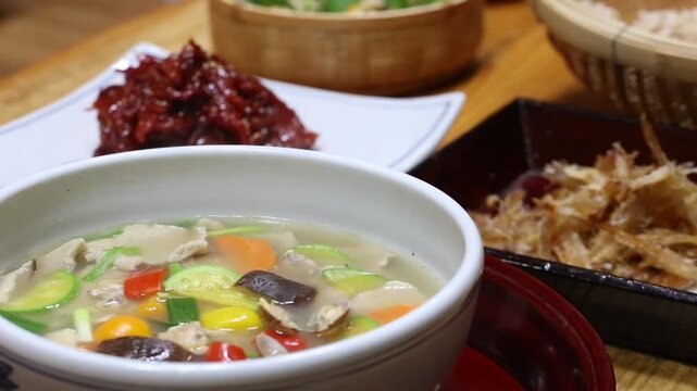 Korea traditional korean meal set sujebi hand pulled dough soup dried yellow croaker gulbi side dishes table setting korean food Korea 한국 전통 수제비 굴비요리 바지락수제비 보리굴비 밑반찬 밥상 한식 전통음식