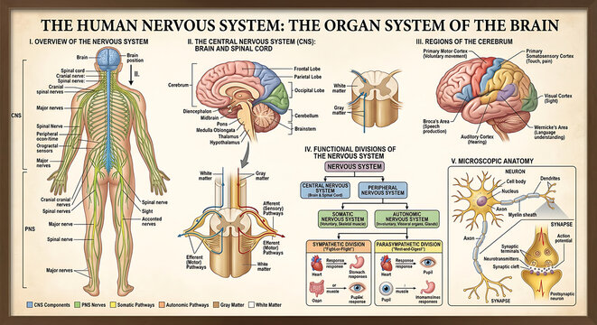 Human Nervous System and Brain Anatomy Infographic with Central and Peripheral Nerves, Brain Lobes, Neurons and Synapse Diagram