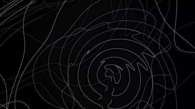 Chaotic white scribbled lines creating abstract dark digital texture on black void