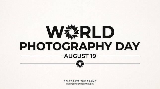 World Photography Day typography on white background, August 19 celebration banner, minimalist camera shutter icon graphic