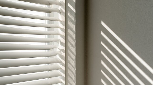 Sunlight stripes through horizontal blinds onto a blank wall