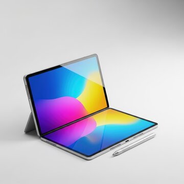 Sleek silver foldable tablet resting open and flat on a white background with a digital pen, highlighting a minimalist and portable style, creative, plain, wireless