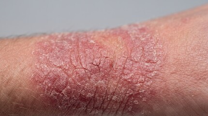 Fototapeta premium Macro close up of severely dry, cracked, and scaly red inflamed skin patch indicative of eczema or psoriasis