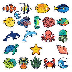 Fototapeta premium Tropical Sea Life Sticker Bundle Vector Set of Cute Marine Animals and Ocean Elements