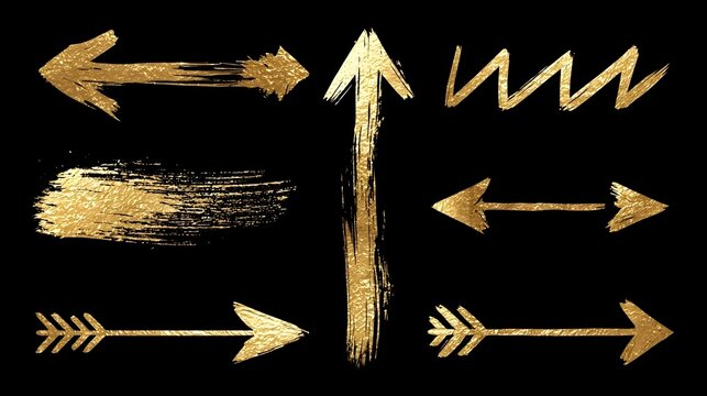 Bold and thick grunge straight and zigzag arrows. Hand drawn vector bold brush drawn arrows. Vector inky illustration. Gold geometric lines and shapes. Folded zigzag lines in different direction. 