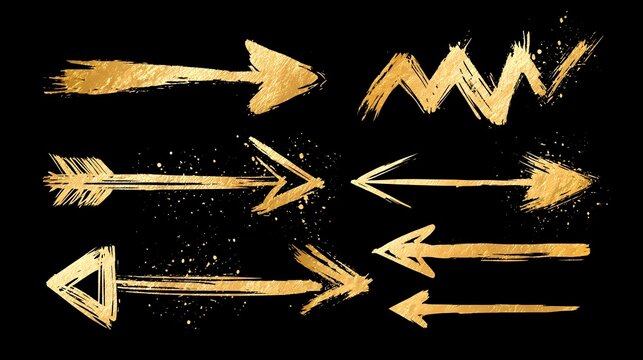 Bold and thick grunge straight and zigzag arrows. Hand drawn vector bold brush drawn arrows. Vector inky illustration. Gold geometric lines and shapes. Folded zigzag lines in different direction. 