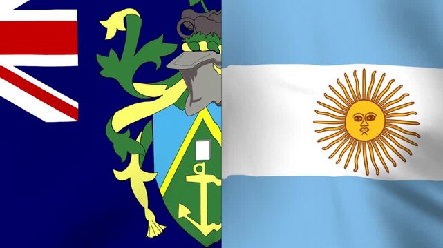 A split image showing the waving flags of pitcairn islands and argentina side by side