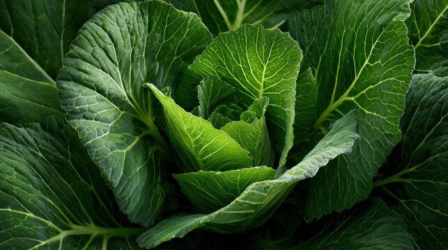 Fresh green cabbage head with detailed leaves during natural daylight for healthy eating concepts