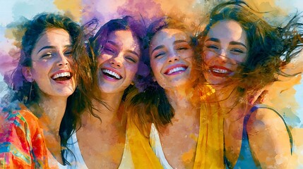 Fototapeta premium Group of happy young women laughing together in a vibrant watercolor style artistic portrait