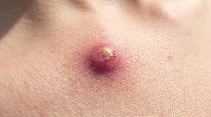 Fototapeta premium Macro Close Up of Skin with Large Pus Filled Pimple Pustule or Boil